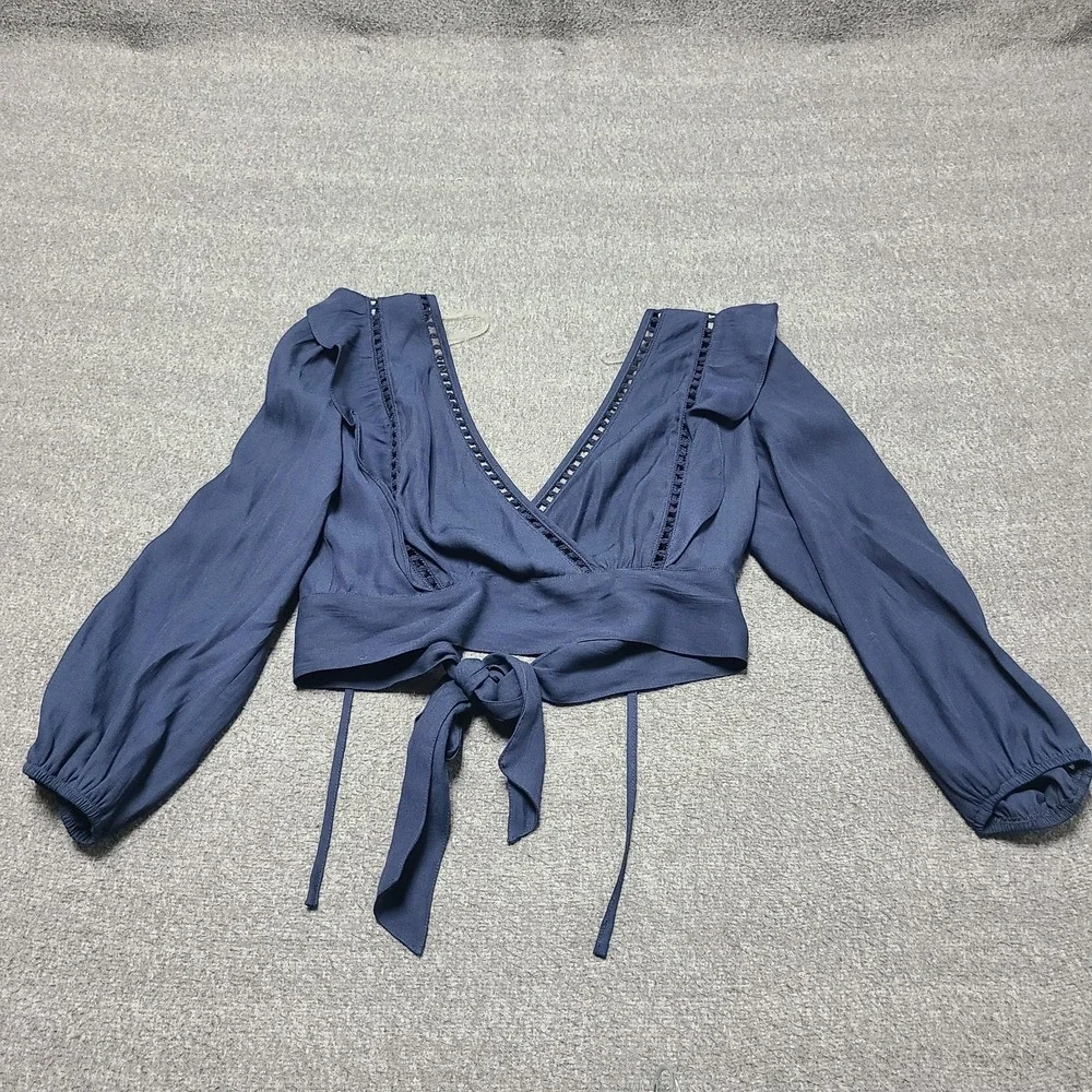 Paper Crane Wrap Top Womens Small Navy Blue Long Sleeve Ruffle Boho Blouse Tie